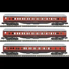 1920s Era Heavyweight Passenger Car Set #3 (2 coaches & a 12-1 Pullman) -- Chicago & Alton (maroon & red w/silver roof & gold lettering)