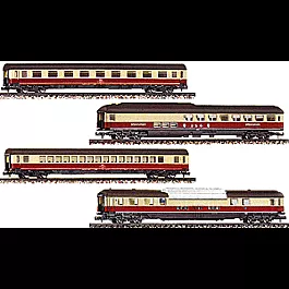 1970s Rheingold Passenger Set w/Close-Coupling Era IV -- DB w/2 1st Class Coaches, Diner & DOme Car (red, cream, dark gray roof)
