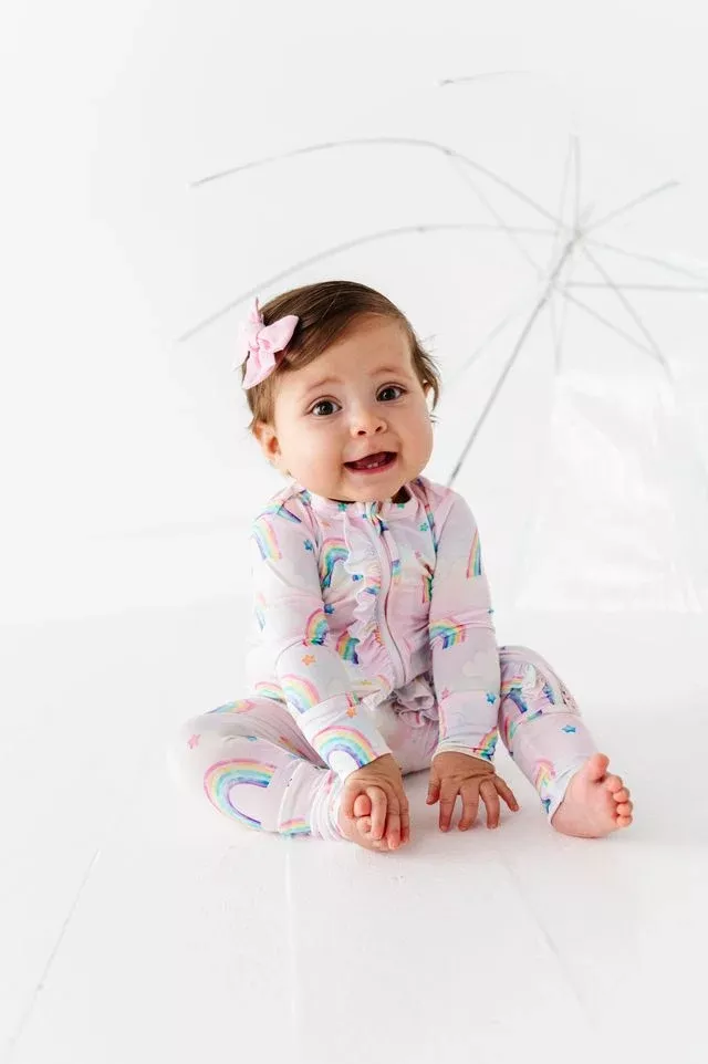 Rainbow Skies Bamboo Ruffle Convertible Romper for Baby Girl