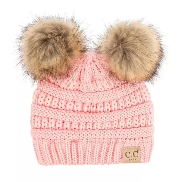 Solid Ribbed Infant Natural Fur Double Pom Pom Beanie - Pink