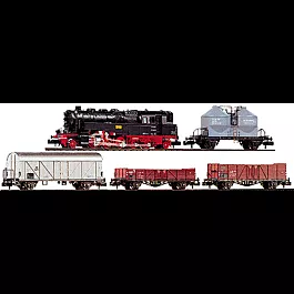 Steam Freight -- DR Powered 2-10-2T, Silo Car, Reefer, Low-Side Gondola, High-Side Gondola