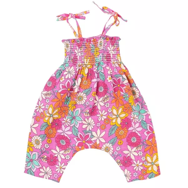 Tie Strap Smocked Romper - Tropical Retro Floral